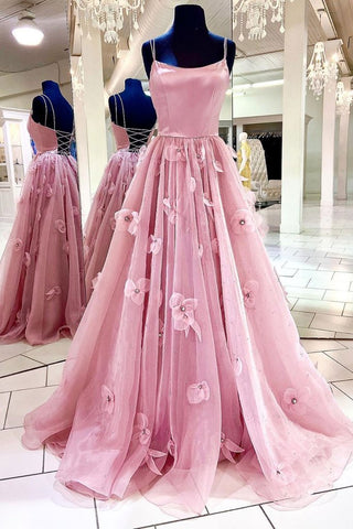Straps Flower Cross Criss Pink Satin Double Back Prom Dress