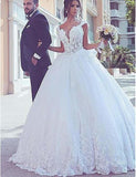 Tulle V-Neck Lace Appliques Ball Gown Beaded Wedding Dresses