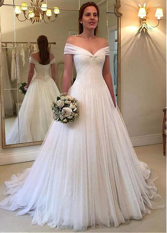 Tulle Off-the-shoulder A-line Wedding Dresses With Pleats
