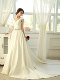 Matte Satin V-Neck Beading Cathedral Wedding Dress