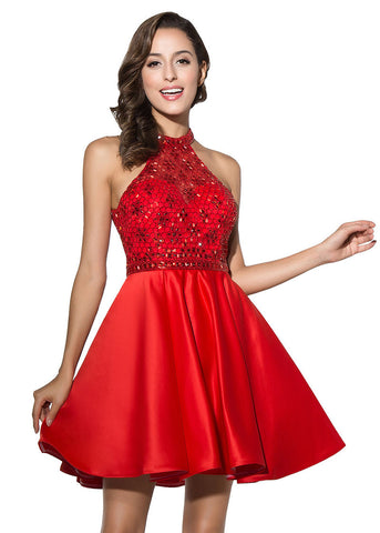 Gorgeous Satin Halter Neckline A-Line Short Homecoming Dresses With Beadings