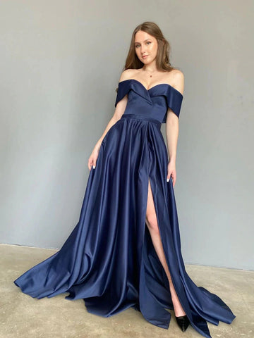 Navy Blue Satin Long Off The Shoulder Prom Dress With Slit