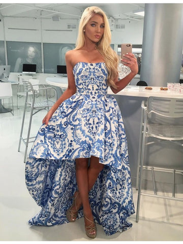 High Low Blue Printed Print Prom Dress 