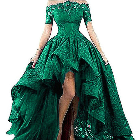 Hi-Lo Prom Dress Short Sleeve Lace Evening Dress