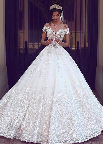 Tulle Off-the-shoulder Lace Appliques A-line Wedding Dress 