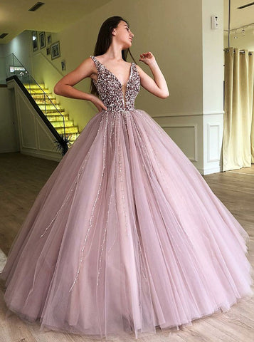 Low Cut Blush Tulle A-Line V-Neck  Quinceanera Dress with Beading Sequins