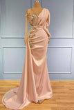 Pearl Pink Long Sleeves Ruched Beading Trumpet Mermaid Prom Dress