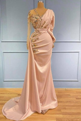 Pearl Pink Long Sleeves Ruched Beading Trumpet Mermaid Prom Dress