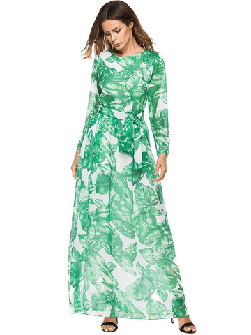 Green Long Sleeve O-neck Women Maxi Dress