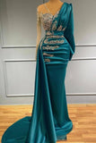 Long Sleeve Sheer Beading Ruched Satin Green Trumpet Mermaid Prom Dress