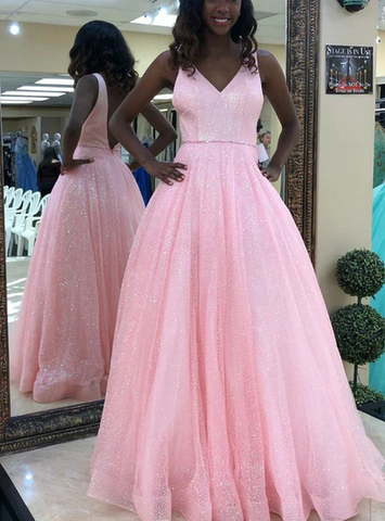 A-Line Pink Tulle Sequins V-neck Backless Prom Dress With Beading