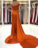 Orange Off The Shoulder Trumpet Mermaid Ruched Satin Prom Dress