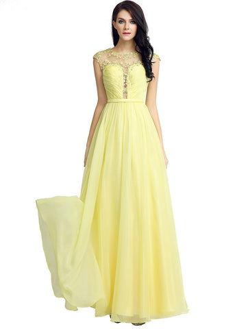 Chic Chiffon Illusion Jewel Neckline Pleated A-line Prom Dresses With Lace Appliques