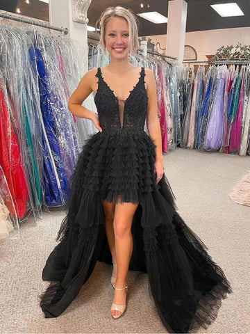Black High Low Tulle Ruffles A Line Prom Dress