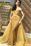 Yellow Detachable Train Off The Shoulder Beading Prom Dress