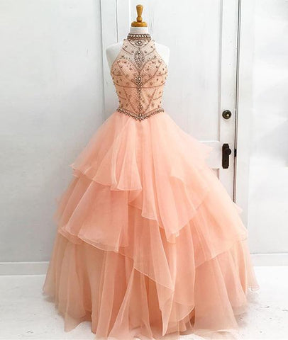 Orange Tulle Beads Long Prom Gown