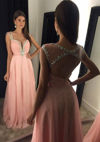 Pink Backless Chiffon Open Back Prom Dress