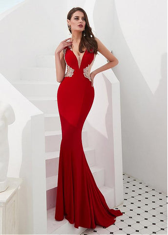 Satin & Tulle V-neck Red Beading Mermaid Evening Dress