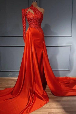 Sexy Red Cut Out One Shoulder Long Sleeves Satin Prom Formal Dress