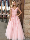 Sleeveless Pink Applique Tulle Prom Dresses