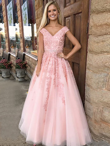 Sleeveless Pink Applique Tulle Prom Dresses