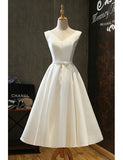 Chic Lace Up Tea Length Vintage Satin Ivory Wedding Dress