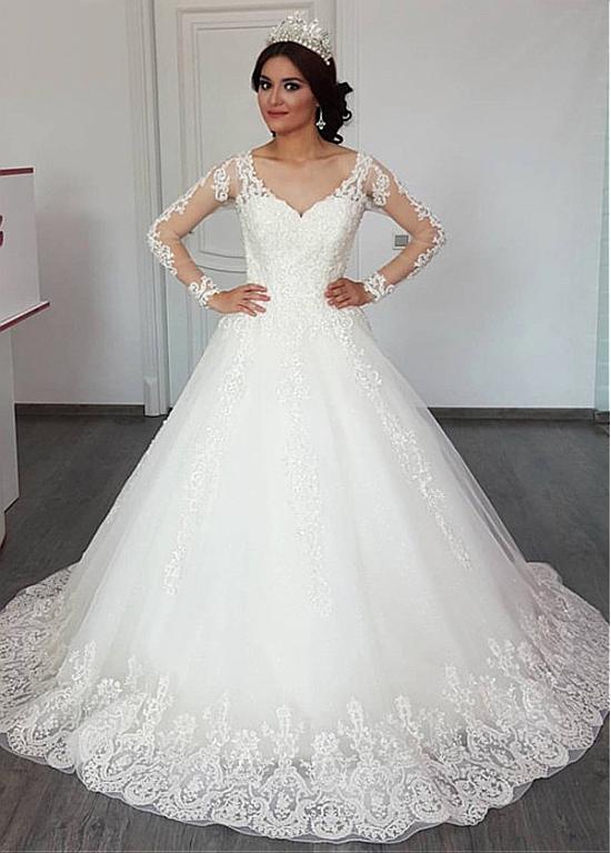 Tulle V-neck Long Sleeves A-line Wedding Dress With Lace Appliques ...
