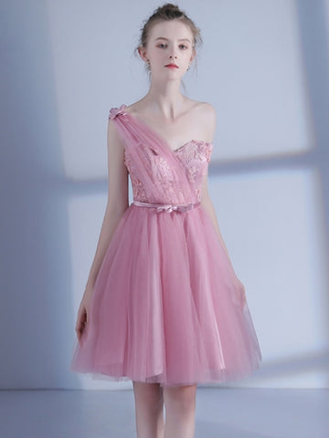 One-Shoulder Pink Flowers Pleats Homecoming Dress