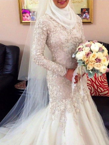 Buttons Back V-Neck Beading Lace Trumpet/Mermaid Muslim Wedding Dress