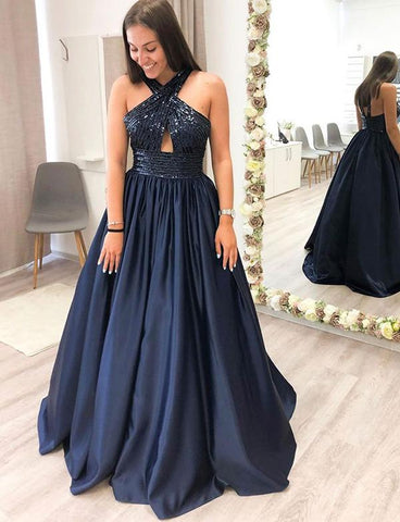 Sequin Halter Navy Blue Long Prom Dresses With Ruffles