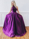 Crossed Straps A-Line Purple Satin Backless Long Prom Dress