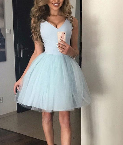 V Neck Tulle Blue Short Prom Dress