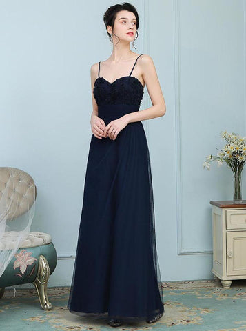 Tulle Spaghetti Straps Navy Blue Prom Dress with Appliques