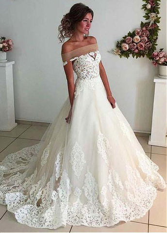 Off-the-shoulder Neckline A-line Wedding Dress With Lace Appliques
