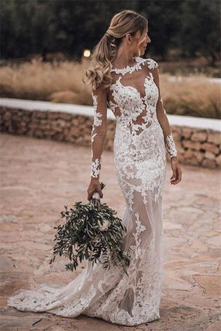 Cheap Long Sleeve See Through Lace Close-fitting Outdoor Beach Wedding Dress