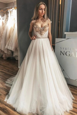 Long Unique A-Line Crystals Wedding Dress with Champagne Ribbon