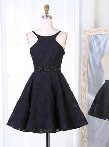 Black Lace Beading Backless Short Homecoming Dress