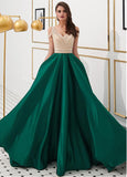 Satin V-neck Green Beading Floor-length A-line Prom Dress