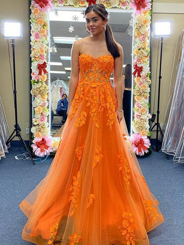 Orange Tulle See Through Appliques Prom Dress