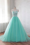 Tulle Buttons Lace Long Green Round Neck Prom Dress