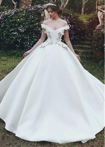 Satin 3D Flowers Off-the-shoulder Ball Gown Wedding Dress