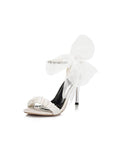 Sweet Satin Upper Open Toe Stiletto Heels Wedding/ Bridal Party Shoes With Ribbon & Rhinestones