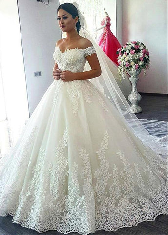 Tulle Off-the-shoulder Neckline Ball Gown Wedding Dress With Beaded Lace Appliques
