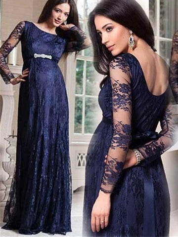 Long Sleeves Lace Crystal Sashes Evening Dress