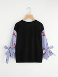 Bowknot Contrast Striped Embroidery Sleeve Pullover