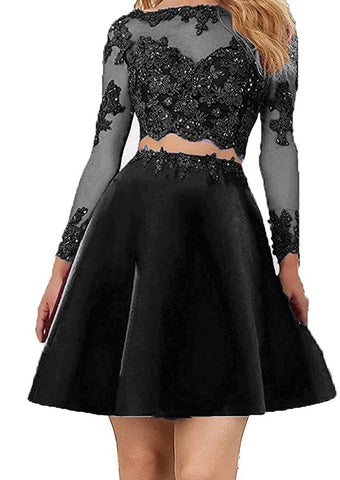 Two pieces Lace Bodice Beads Prom Dresses Long Sleeves Evening Party