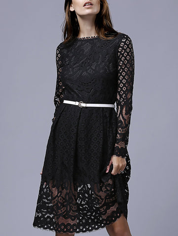 Black Lace Round Neck Long Sleeve A Line Dress