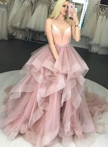 Tulle Long Elegant Pink V neck Ruffles Straps Prom Dress