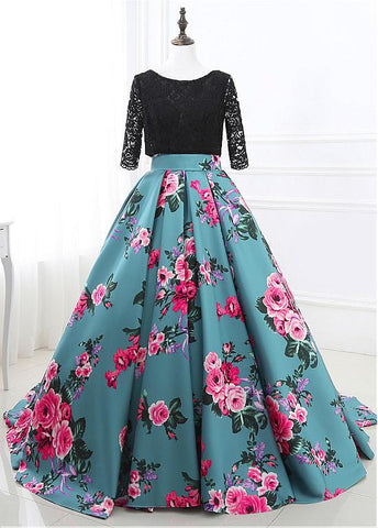 Real Photo Special Lace & Flora Cloth Scoop Neckline 3/4 Length Sleeves Backless Ball Gown Prom Dress