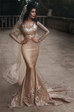 Gold Lace Appliques Two Piece Long Sleeve Mermaid Sexy Wedding Dress